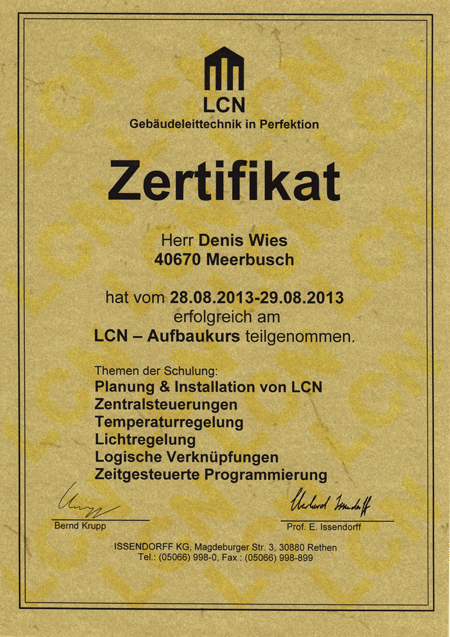Zertifikat Denis Wies Wipi Elektrotechnik GmbH