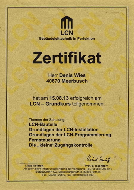 Zertifikat Denis Wies Wipi Elektrotechnik GmbH